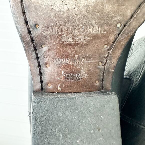 Saint Laurent West Chelsea Boots Black Leather Western Block Heel Size 36.5